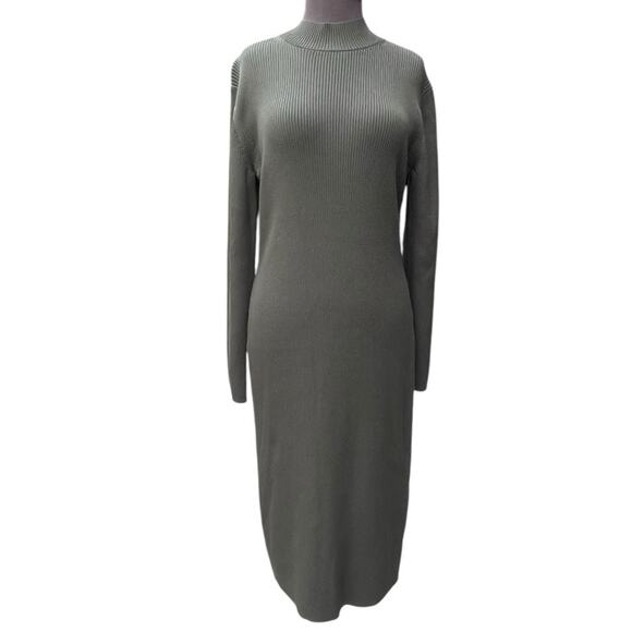 Michael Kors Logo Tape Ribbed Knit Sweater Dress XL Olive Green Luxury Spellout - Picture 2 of 8